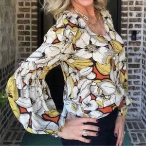 CAbi Floral Blouse - Yellow, Orange, Black, White